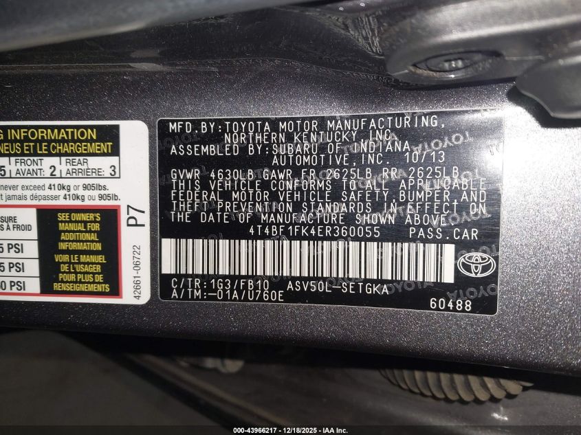 2014 Toyota Camry Xle VIN: 4T4BF1FK4ER360055 Lot: 43966217