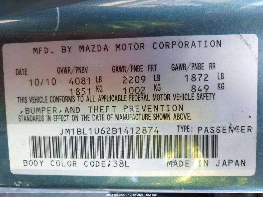 2011 Mazda Mazda3 S Sport VIN: JM1BL1U62B1412874 Lot: 43966220