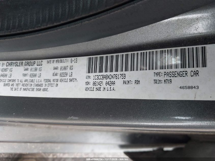 2013 Chrysler 200 Lx VIN: 1C3CCBABXDN761759 Lot: 43966224