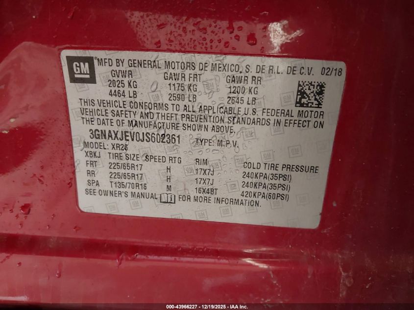 2018 Chevrolet Equinox Lt VIN: 3GNAXJEV0JS602361 Lot: 43966227