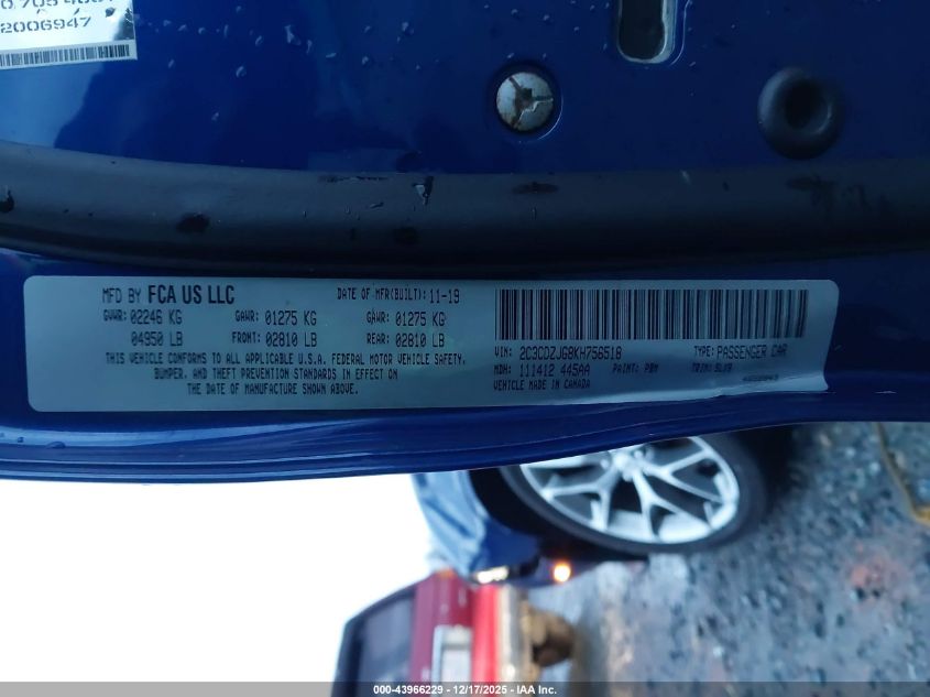 2019 Dodge Challenger Gt VIN: 2C3CDZJG8KH756518 Lot: 43966229