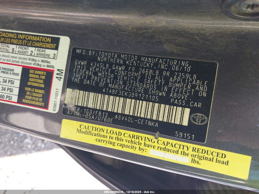 2011 Toyota Camry Le VIN: 4T4BF3EK3BR121105 Lot: 43966230