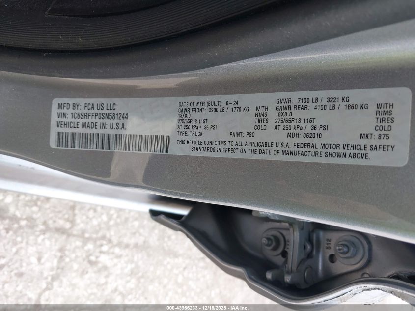 2025 Ram 1500 Big Horn 4X4 5'7 Box VIN: 1C6SRFFP0SN581244 Lot: 43966233