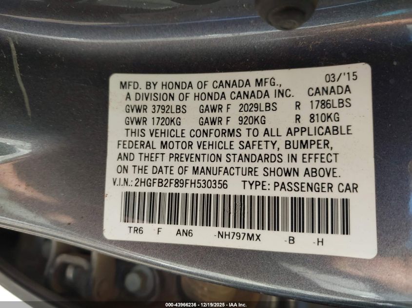 2015 Honda Civic Ex VIN: 2HGFB2F89FH530356 Lot: 43966236