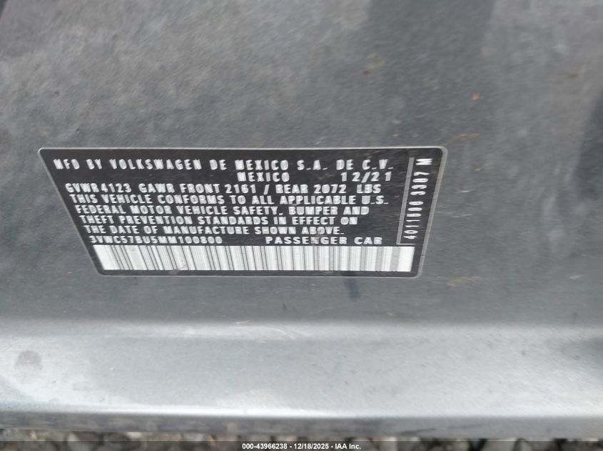 2021 Volkswagen Jetta 1.4T R-Line/1.4T S/1.4T Se VIN: 3VWC57BU5MM100800 Lot: 43966238