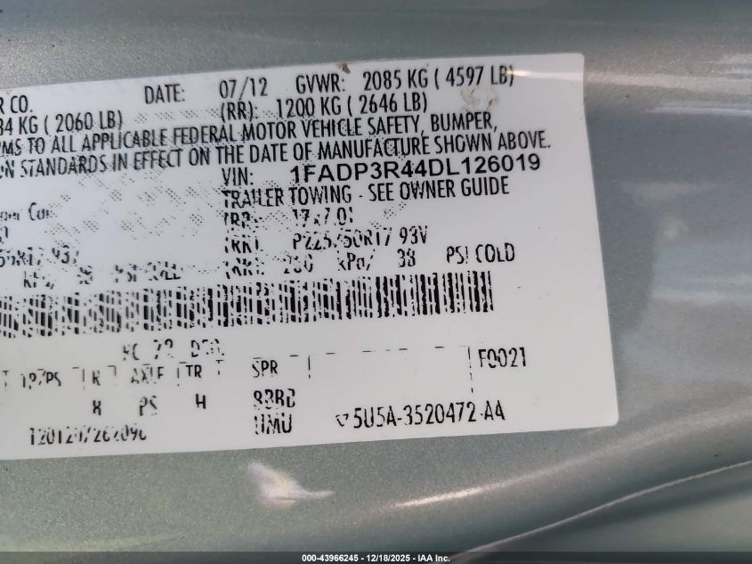 2013 Ford Focus Electric VIN: 1FADP3R44DL126019 Lot: 43966245