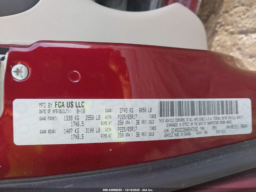 2017 Dodge Grand Caravan Sxt VIN: 2C4RDGCG9HR547153 Lot: 43966250