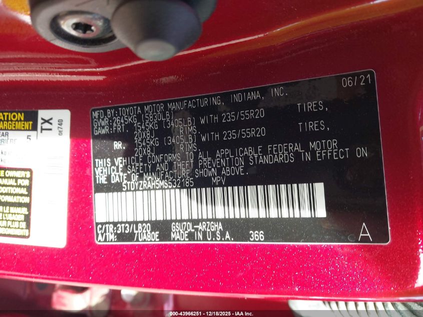 2021 Toyota Highlander Limited VIN: 5TDYZRAH5MS532185 Lot: 43966251