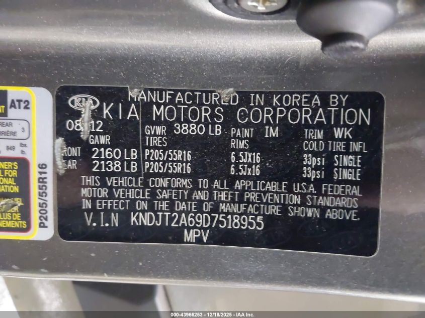 2013 Kia Soul + VIN: KNDJT2A69D7518955 Lot: 43966253