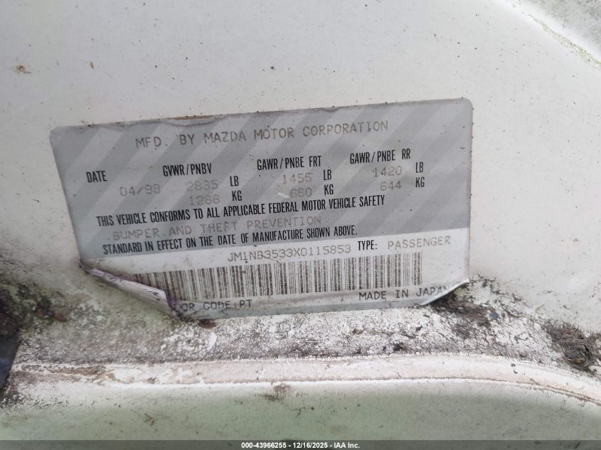 1999 Mazda Mx-5 Miata Leather Pkg/Popular Equipment Pkg/Sports Pkg/Touring Pkg VIN: JM1NB3533X0115853 Lot: 43966255
