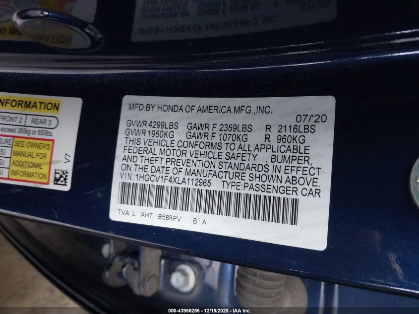2020 Honda Accord Ex VIN: 1HGCV1F4XLA112965 Lot: 43966256