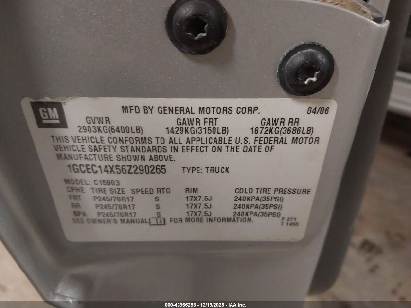 2006 Chevrolet Silverado 1500 Work Truck VIN: 1GCEC14X56Z290265 Lot: 43966258