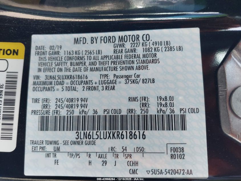 2019 Lincoln Mkz Hybrid Reserve I VIN: 3LN6L5LUXKR618616 Lot: 43966264