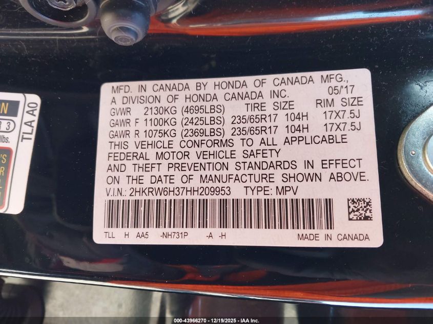 2017 Honda Cr-V Lx VIN: 2HKRW6H37HH209953 Lot: 43966270