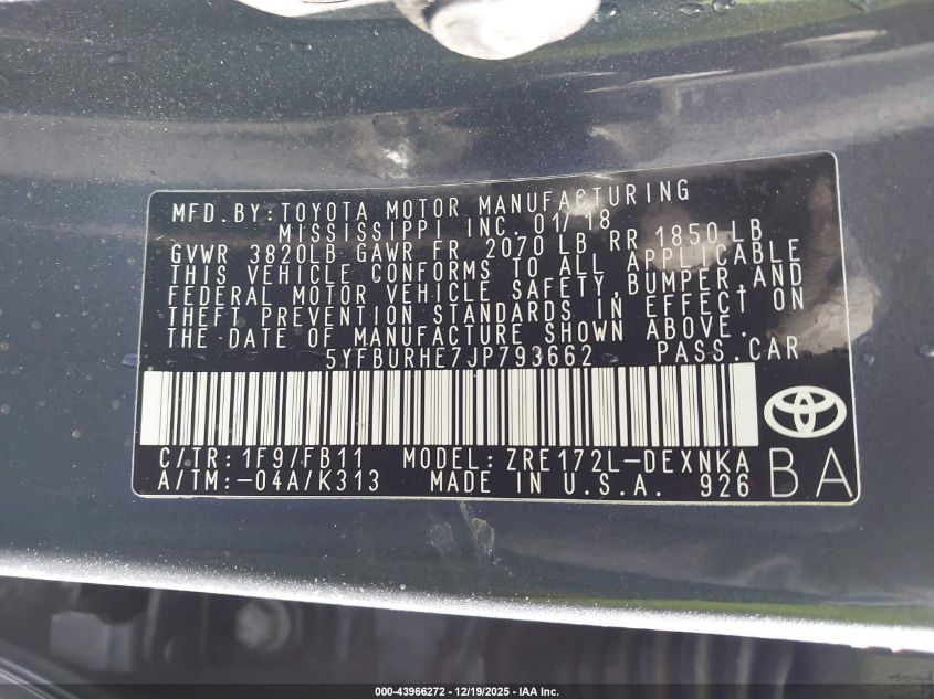 2018 Toyota Corolla Le VIN: 5YFBURHE7JP793662 Lot: 43966272