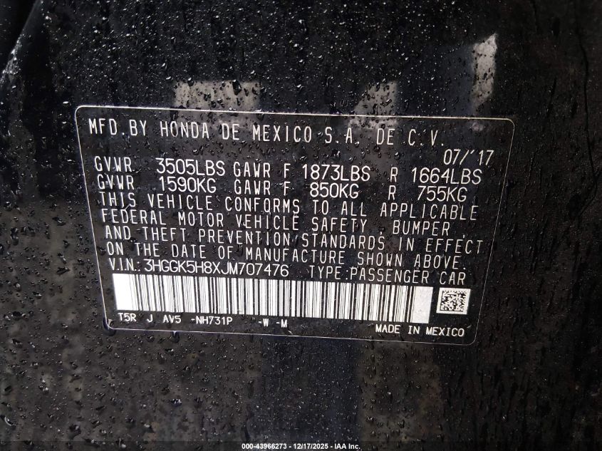 2018 Honda Fit Ex VIN: 3HGGK5H8XJM707476 Lot: 43966273