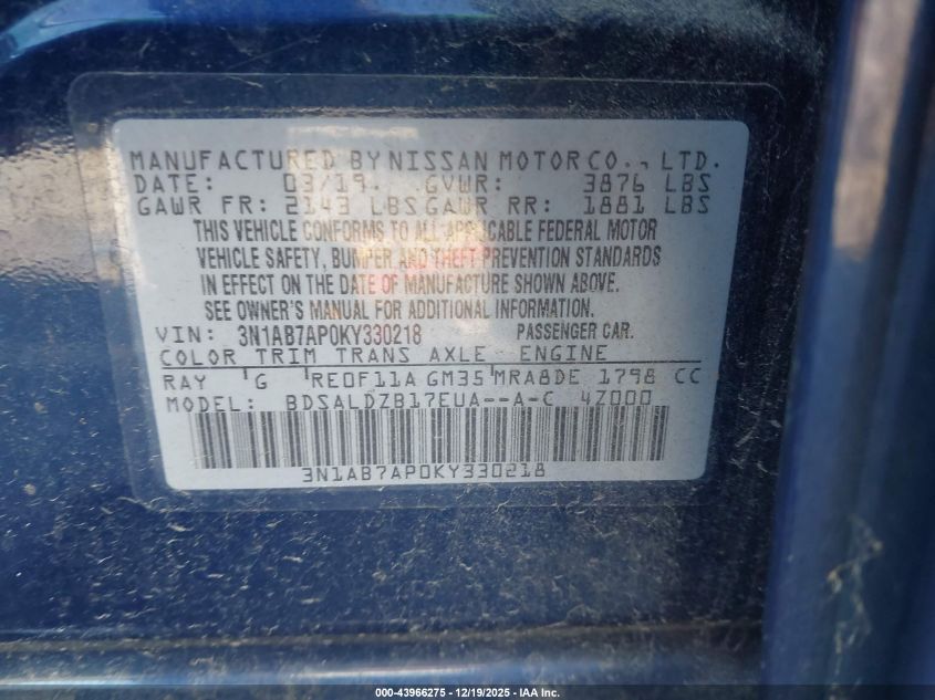 2019 Nissan Sentra Sv VIN: 3N1AB7AP0KY330218 Lot: 43966275