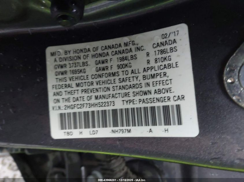 2017 Honda Civic Ex VIN: 2HGFC2F73HH522373 Lot: 43966281