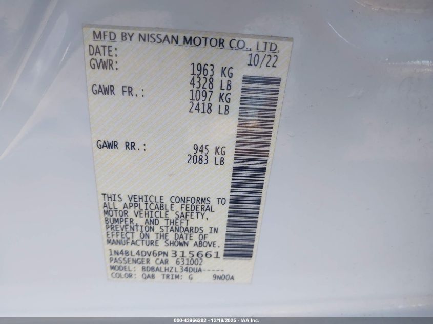 2023 Nissan Altima Sv Fwd VIN: 1N4BL4DV6PN315661 Lot: 43966282