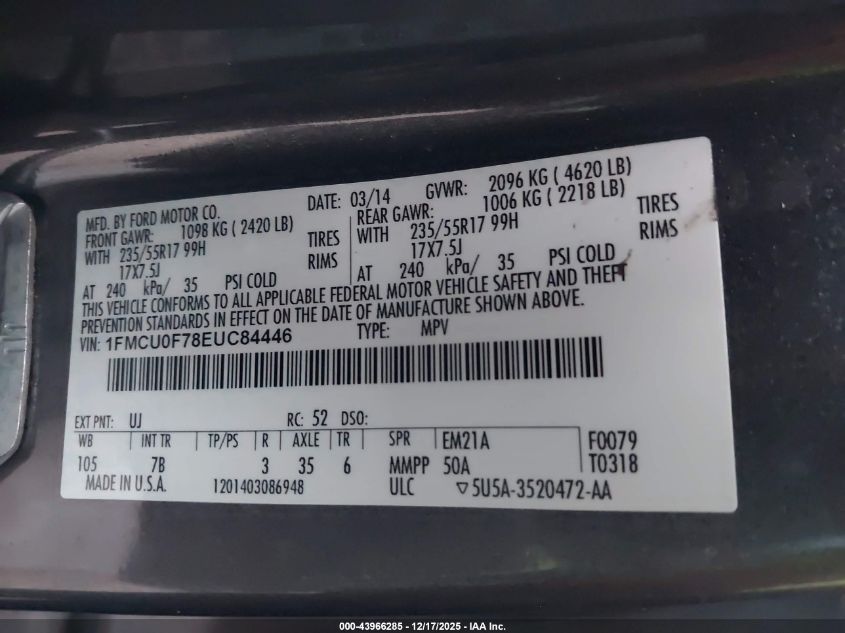 2014 Ford Escape S VIN: 1FMCU0F78EUC84446 Lot: 43966285