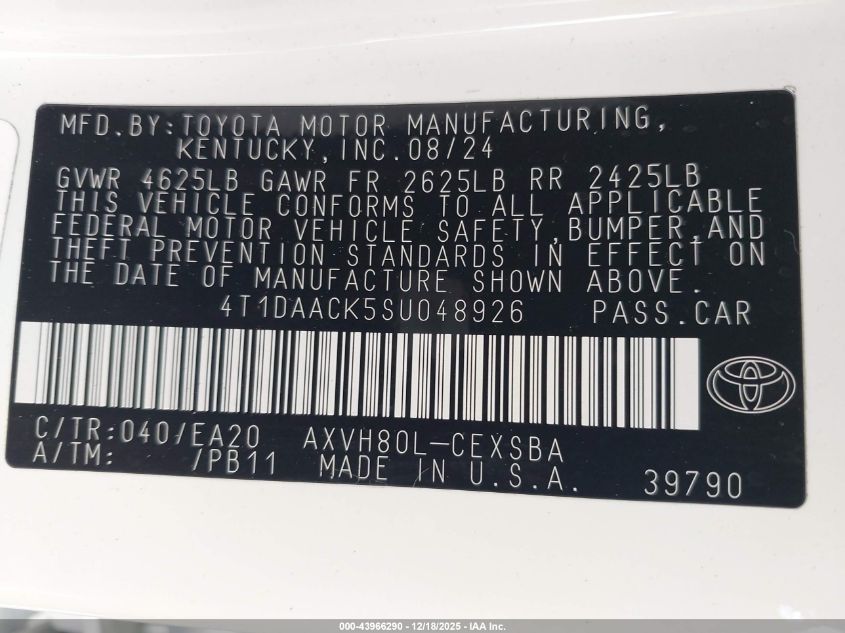 2025 Toyota Camry Se VIN: 4T1DAACK5SU048926 Lot: 43966290