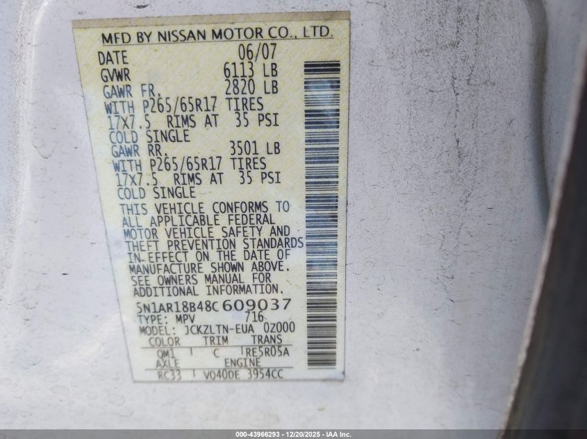 2008 Nissan Pathfinder Se VIN: 5N1AR18B48C609037 Lot: 43966293