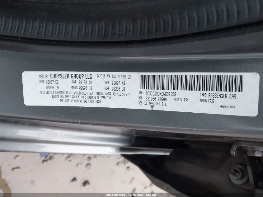 2013 Dodge Avenger Se V6 VIN: 1C3CDZAGXDN690399 Lot: 43966294