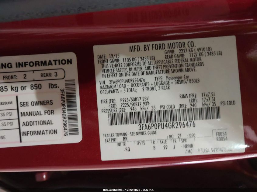2016 Ford Fusion Energi Se Luxury VIN: 3FA6P0PU4GR296476 Lot: 43966296