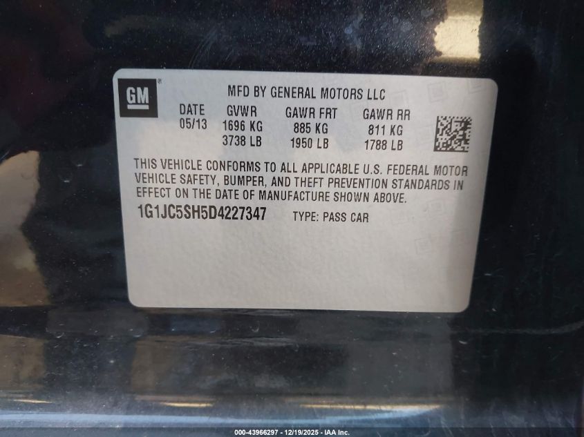 2013 Chevrolet Sonic Lt Auto VIN: 1G1JC5SH5D4227347 Lot: 43966297