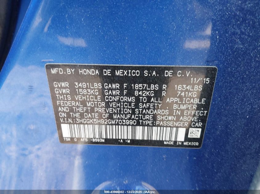 2016 Honda Fit Ex-L VIN: 3HGGK5H92GM703990 Lot: 43966302