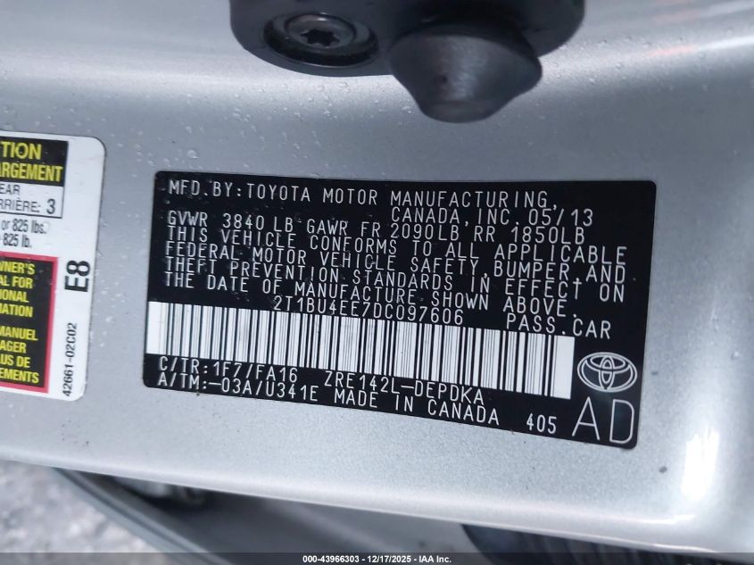 2013 Toyota Corolla L VIN: 2T1BU4EE7DC097606 Lot: 43966303