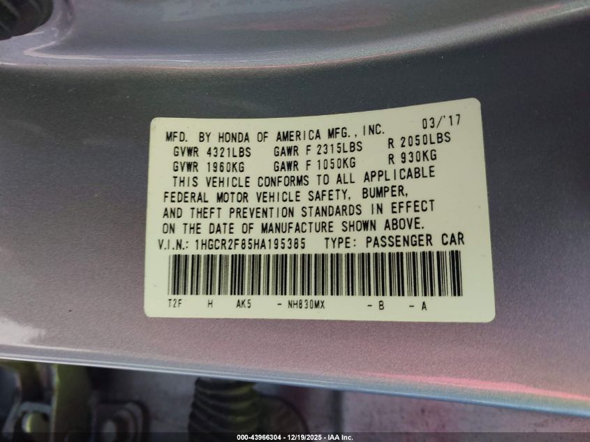 2017 Honda Accord Ex-L VIN: 1HGCR2F85HA195385 Lot: 43966304