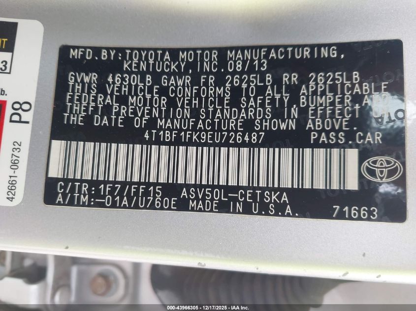 2014 Toyota Camry Se Sport VIN: 4T1BF1FK9EU726487 Lot: 43966305