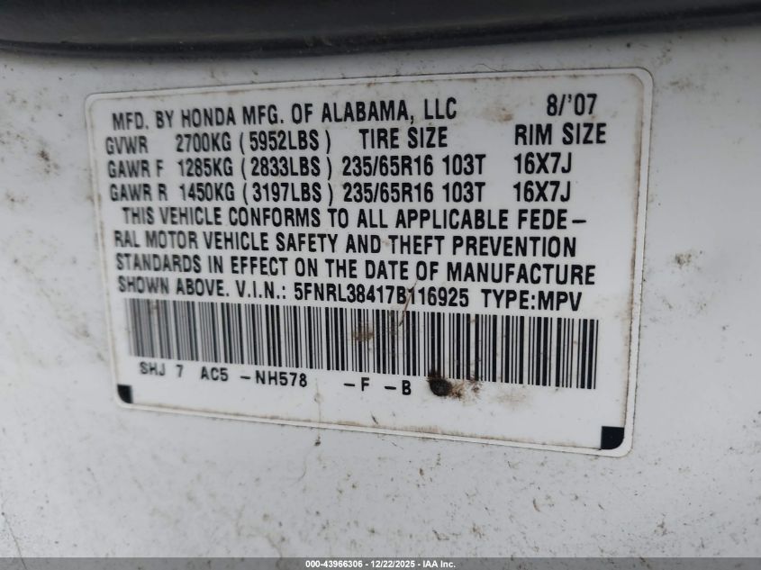 2007 Honda Odyssey Ex VIN: 5FNRL38417B116925 Lot: 43966306