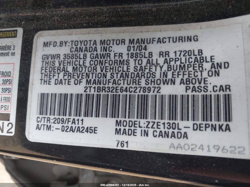 2004 Toyota Corolla Le VIN: 2T1BR32E64C278972 Lot: 43966307