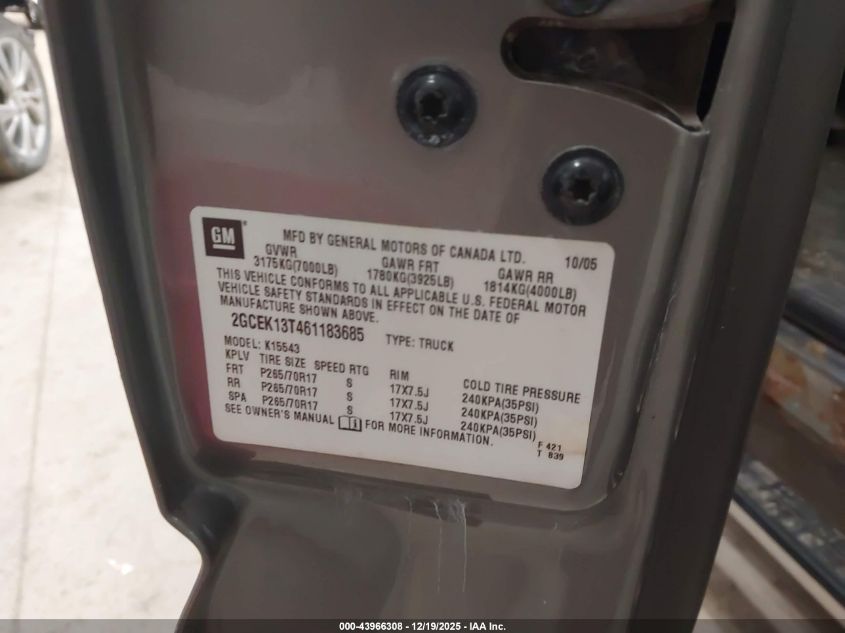 2006 Chevrolet Silverado 1500 Lt2 VIN: 2GCEK13T461183685 Lot: 43966308