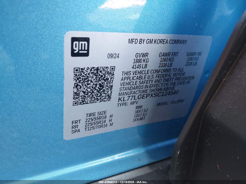 2025 Chevrolet Trax Fwd 1Rs VIN: KL77LGEPXSC124540 Lot: 43966313