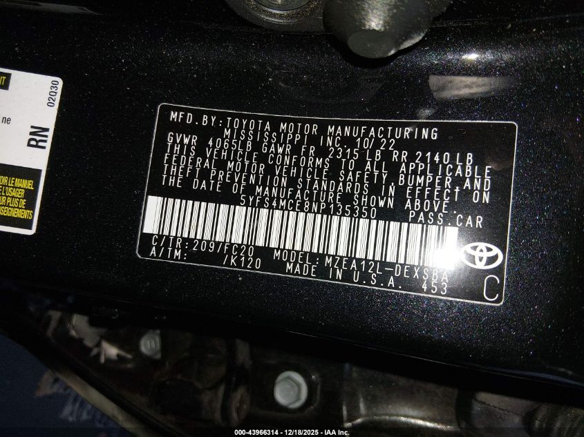 2022 Toyota Corolla Se VIN: 5YFS4MCE8NP135350 Lot: 43966314