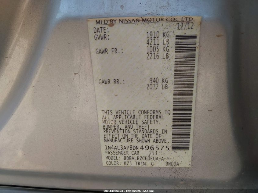 2013 Nissan Altima 2.5 S VIN: 1N4AL3AP8DN496575 Lot: 43966323