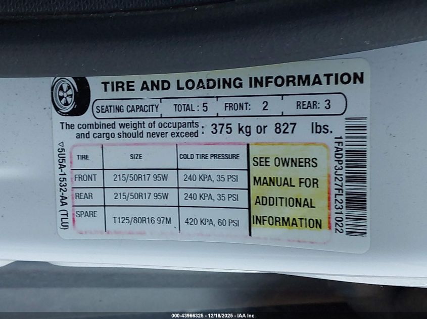 2015 Ford Focus Titanium VIN: 1FADP3J27FL231022 Lot: 43966325