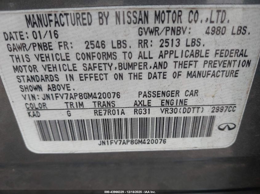 2016 Infiniti Q50 3.0T Red Sport 400 VIN: JN1FV7AP8GM420076 Lot: 43966329