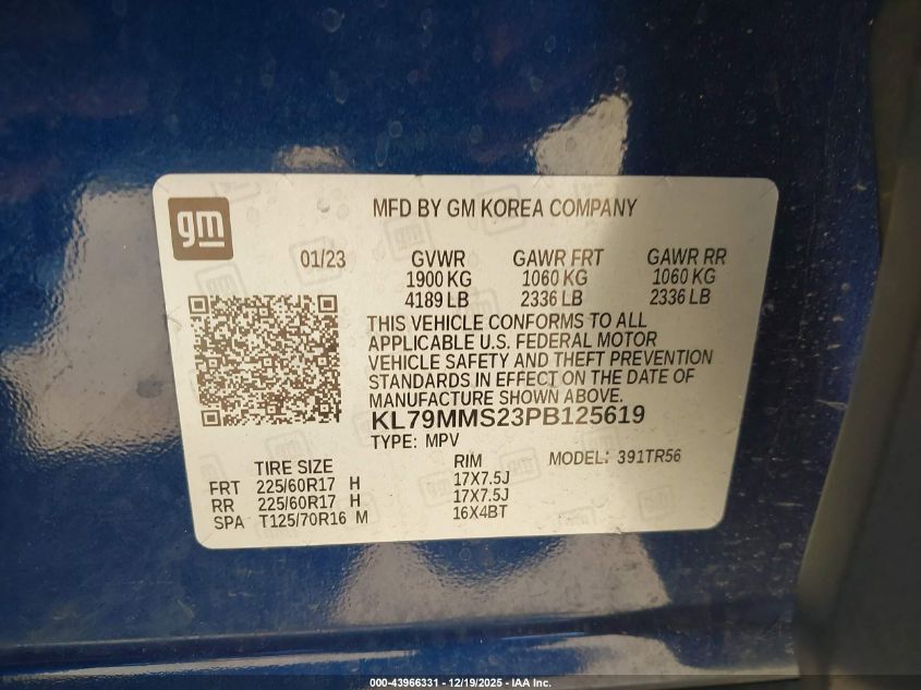 2023 Chevrolet Trailblazer Fwd Ls VIN: KL79MMS23PB125619 Lot: 43966331