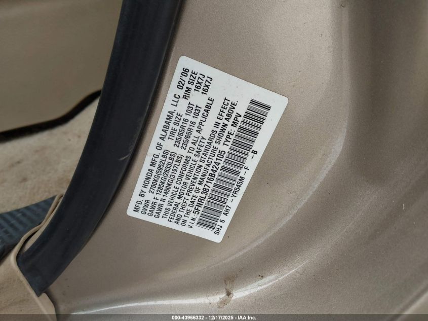 2006 Honda Odyssey Ex-L VIN: 5FNRL38716B424105 Lot: 43966332