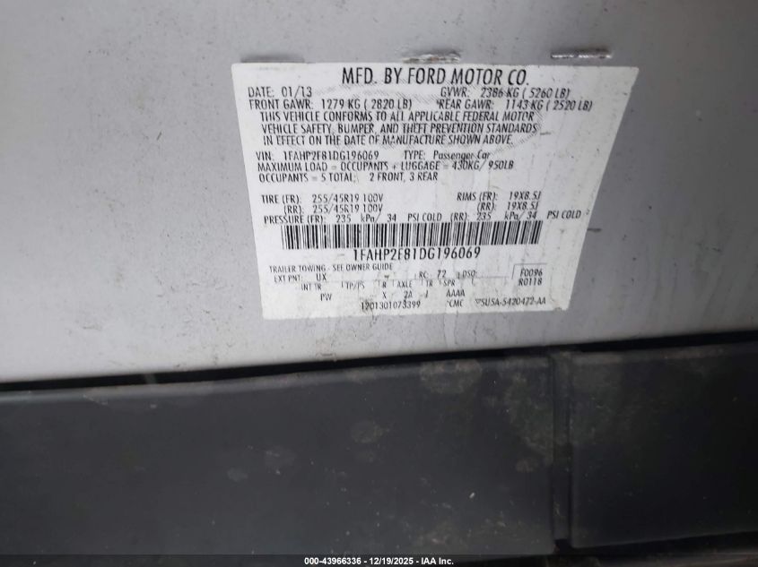 2013 Ford Taurus Limited VIN: 1FAHP2F81DG196069 Lot: 43966336