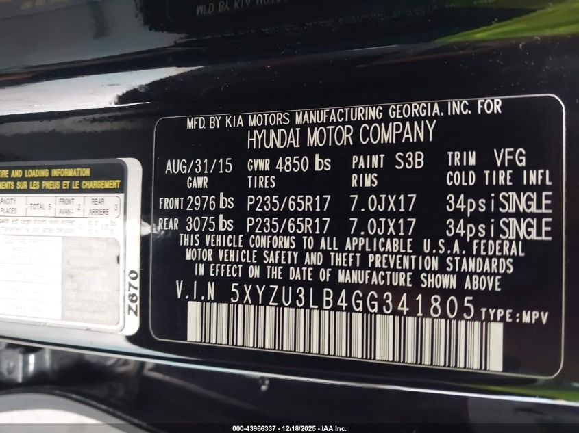 2016 Hyundai Santa Fe Sport 2.4L VIN: 5XYZU3LB4GG341805 Lot: 43966337