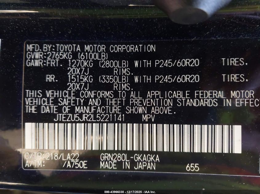 2020 Toyota 4Runner Limited VIN: JTEZU5JR2L5221141 Lot: 43966338