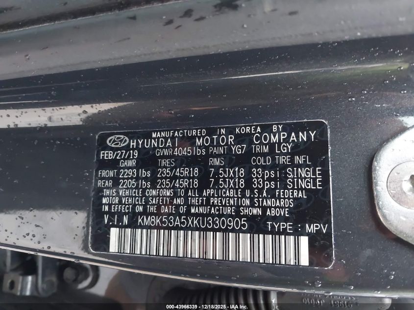 2019 Hyundai Kona Ultimate VIN: KM8K53A5XKU330905 Lot: 43966339