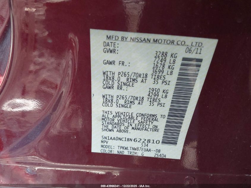 2011 Nissan Armada Sv VIN: 5N1AA0NC1BN622810 Lot: 43966341