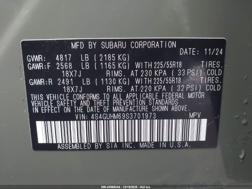 2025 Subaru Crosstrek Limited VIN: 4S4GUHM69S3701973 Lot: 43966344