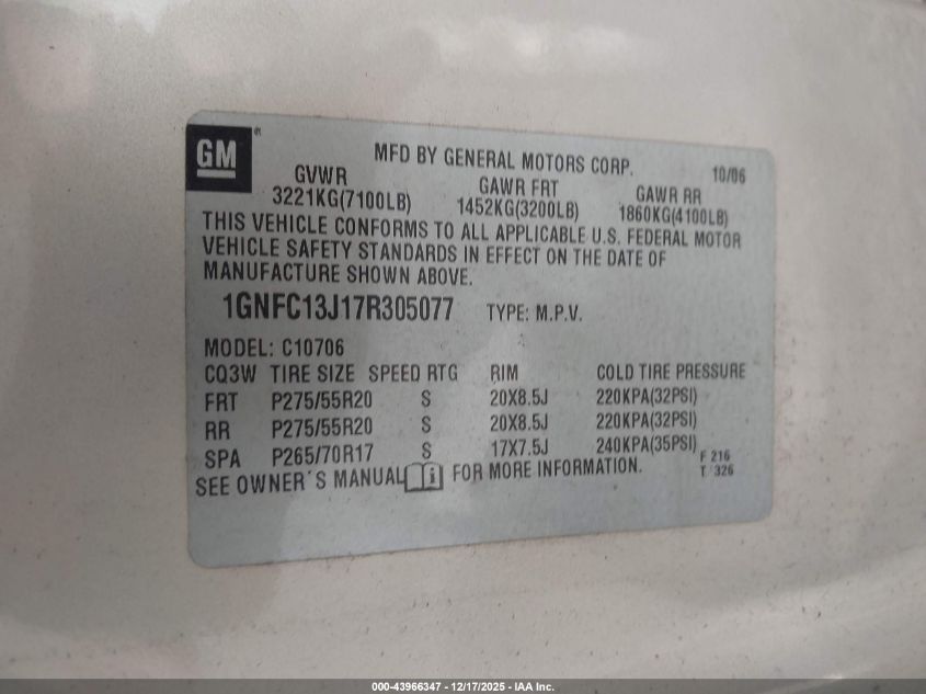 2007 Chevrolet Tahoe Lt VIN: 1GNFC13J17R305077 Lot: 43966347